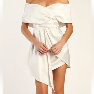 Lulus Always Celebrating Ivory Satin Off-The-Shoulder Mini Dress
